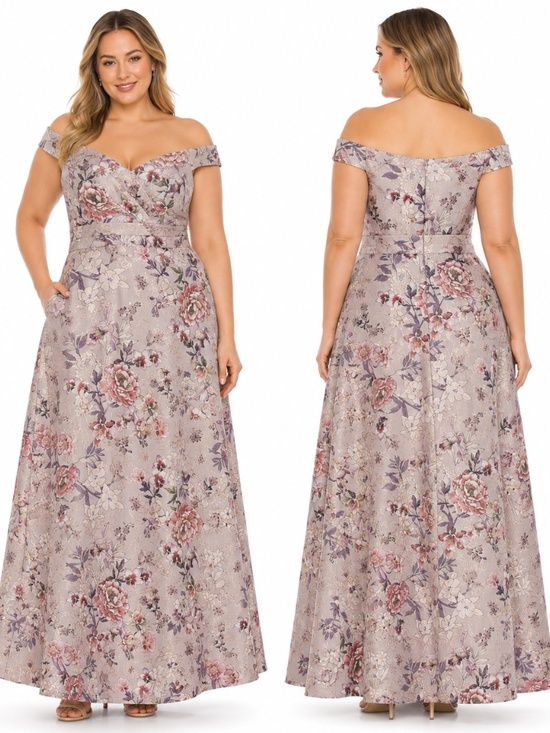 Adrianna Papell Dresses & Skirts - Adrianna Papell - Floral Metallic Jacquard Off Shoulder Ballgown